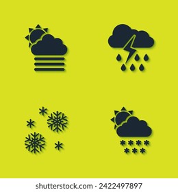 Nebel und Wolke mit Sonne, Wolkenschnee, Schnee und Regenblitz-Ikone setzen. Vektorgrafik