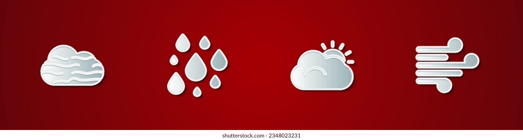 Indique niebla y nube, gota de agua, icono de sol y viento. Vector
