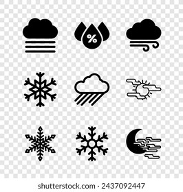 Set Fog and cloud, Water drop percentage, Windy weather, Snowflake,  and moon icon. Vector