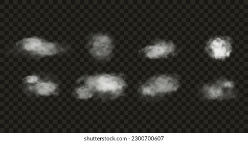Nebelsatz und Raucheffekt. Vektorgrafik. Realistischer weißer Dampf und Wolken einzeln auf transparentem Hintergrund