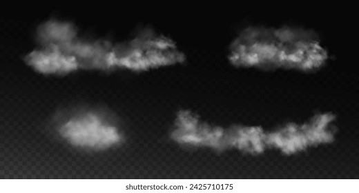 Set Fog or smoke, white smog clouds on the floor, isolated transparent special effects. Vector illustration, morning fog over land or water surface, magic haze.