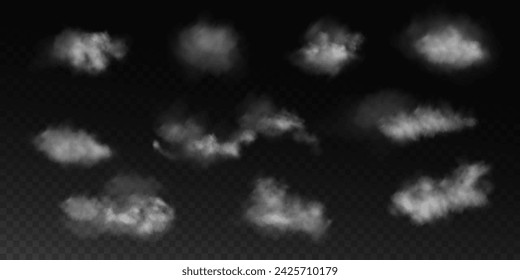 Set Fog or smoke, white smog clouds on the floor, isolated transparent special effects. Vector illustration, morning fog over land or water surface, magic haze.