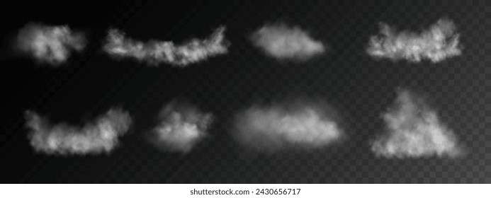 Set Fog or smoke, white smog clouds on the floor, isolated transparent special effects. Vector illustration, morning fog over land or water surface, magic haze.	
