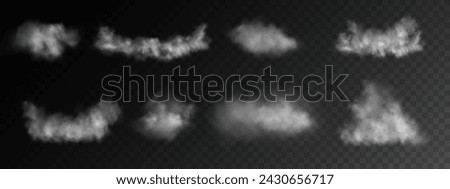 Set Fog or smoke, white smog clouds on the floor, isolated transparent special effects. Vector illustration, morning fog over land or water surface, magic haze.	
