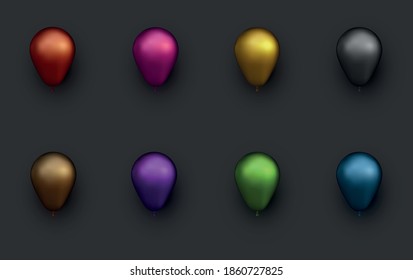 Set of foil balloons on black background. Vector festive illustration.