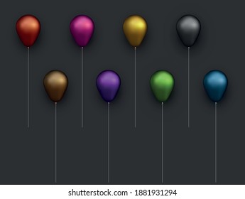 Set of foil balloons with threads on black background. Vector festive illustration.