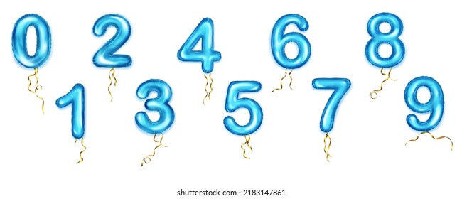 Set of foil blue balloons shape of numbers from 0 to 9 with golden ribbons