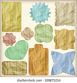   set of foil cut golden shiny striped vintage tags,  crumpled paper texture, gradient mesh