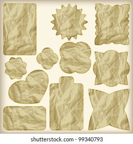   set of foil cut golden shiny vintage tags,  crumpled paper texture