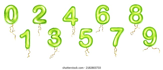 Reihe von grün-grün-Ballons Form von Zahlen von 0 bis 9 mit goldenen Bändern