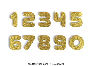 Set of foil numbers from 1 to 0 cuting paper for anniversary, new year logo celebration signs. Abstract papercut shapes. Vector trendy modern minimalism style. Golden sparkling texture. Gold Numbers
