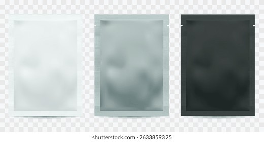 Set of foil packages in white, black, silver colors. Vector realistic 3d illustration. Mockup design template on transparent background. Blank plastic package for snack, food, cosmetics