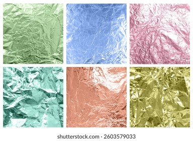 Set of Foil realistic background textures. Vector of crumpled metallic paper in different colors. Realistic design of square layouts with green, blue, red and gold. For packaging or wallpaper.