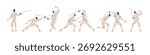 Set of foil, sabre or epee fencing duel. Fencers with swords are fight. Swordsmen in protective costumes. Athletes in combat sport competition. Flat isolated vector illustration on white background