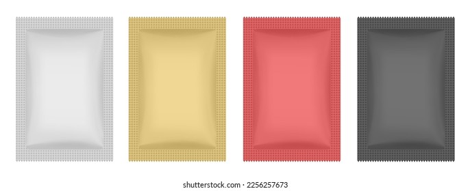 Juego de bolsitas de aluminio o bolsitas. Bolsas vectoriales en forma de mockup, hojas de papel o bolsitas de aluminio. Muestras de cosméticos. Máscara facial de hoja hidratante. Mochilas de empaque blanco, dorado, rojo y negro