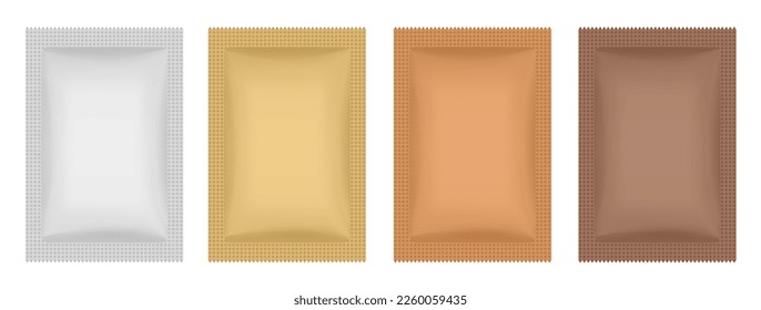 Set of foil sachets or pouches. Vector bags mockup, wet wipes paper or foil packs. Cosmetics samples. Moisturizing sheet face mask. White, gold and brown packaging mockups