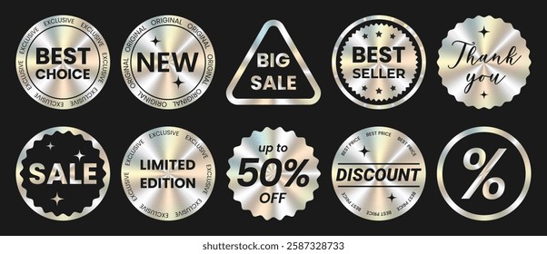 Set of foil sticker template, label, mockup with metallic holographic effect. Shiny rainbow emblem Limited Edition, New, 50% off, Best Offer, seller, discount, big sale. Isolated Vector EPS10

