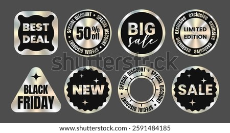 Set of foil sticker template, label, mockup with foil metallic holographic effect. Shiny rainbow emblem Limited Edition, New, 50% off, Best deal, seller, discount, big sale. Vector illustration EPS1

