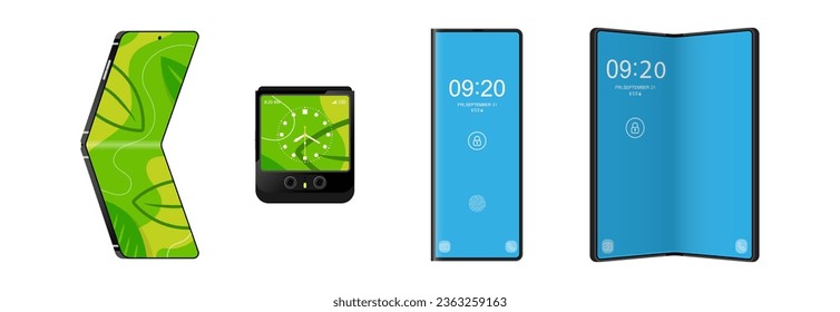 Set of Fold and Flip smartphones concept bendable screen Flexible smartphone folds in middle of screen like a flip phone vector illustration