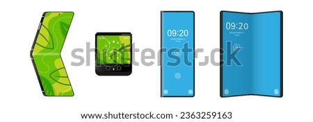 Set of Fold and Flip smartphones concept bendable screen Flexible smartphone folds in middle of screen like a flip phone vector illustration