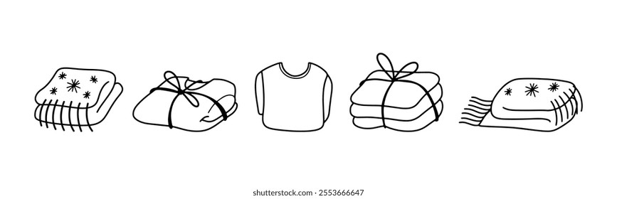 Set of Folded clothes in different angles. Warm clothes for winter and autumn Hand drawn doodle vector illustration. Cozy seasonal home wardrobe. Simple icon for social media, app, and web design.