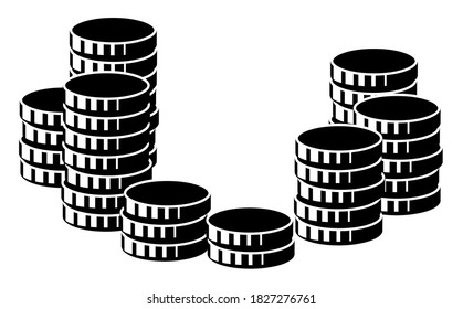 A set of folded coins. Vector monochrome illustration.