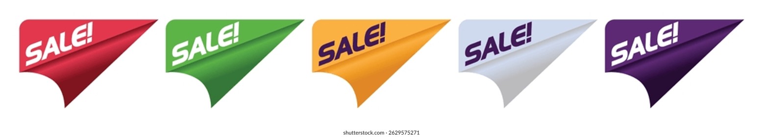 Set of folded corner “SALE” banners in red, green, yellow, silver, and purple. Isolated on white, ideal for discounts and promotions.