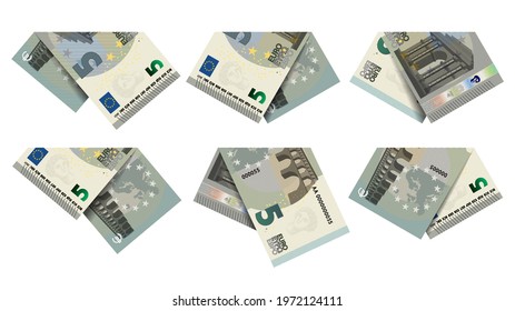 Set of folded and curved EU paper money on an isolated white background. 5 euro banknotes with shadows