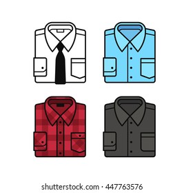 Set Of Folded Dress Shirt Illustrations. White With Black Tie, Blue, Black And Red Plaid Shirt. Flat Vector Line Icons.