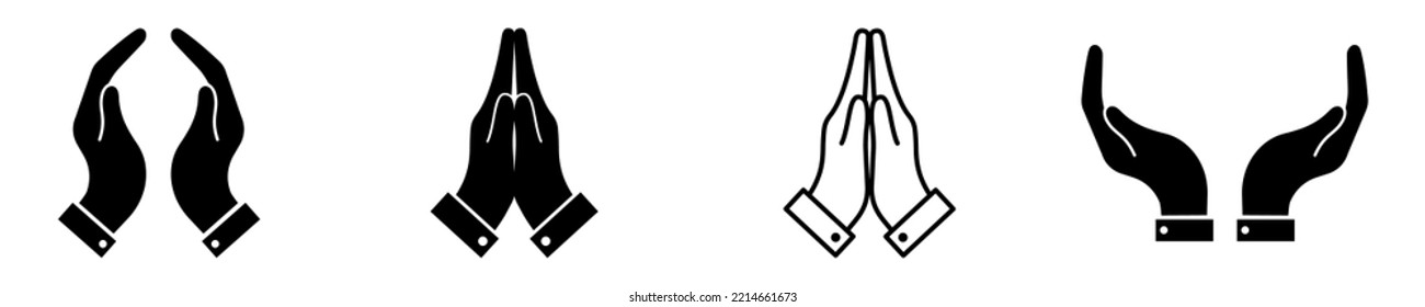 Set of folded hands vector icons. Pray sign. Human prayer symbol. Believe for God. Vector 10 EPS.