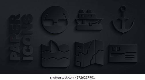 Set Folded map, Anchor, Shark fin in ocean wave, Postcard travel, Cruise ship and Glasses icon. Vector