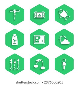 Set Folded map, Cherry, Ice cream, Sun and cloud weather, Grilled shish kebab on skewer, Sunscreen in tube, Fish and Wine corkscrew icon. Vector