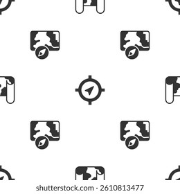Set Folded map, Compass and City navigation on seamless pattern. Vector