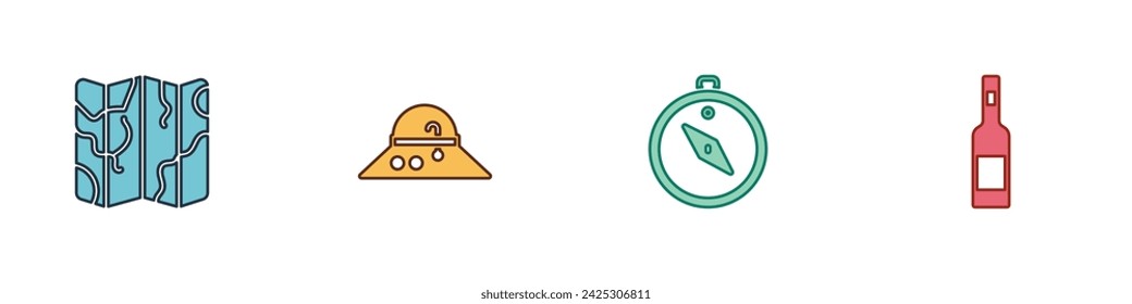 Set Folded map, Fisherman hat, Compass and Bottle of vodka icon. Vector