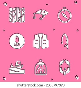 Set Folded map, Fishing lure, Compass, hook, jacket, rod, boat on water and Camping lantern icon. Vector