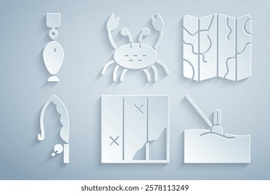 Set Folded map, Fishing rod, float water, Crab and spoon icon. Vector