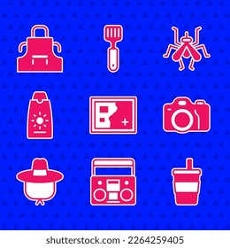 Set Folded map, Home stereo with two speakers, Paper glass water, Photo camera, Camping hat, Sunscreen cream tube, Mosquito and Kitchen apron icon. Vector