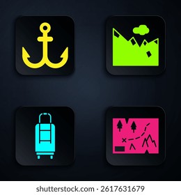 Set Folded map with location, Anchor, Suitcase and Mountains. Black square button. Vector