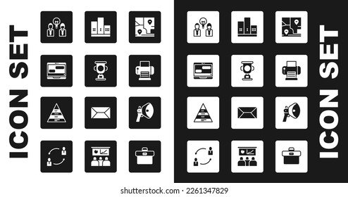 Set Folded map with location, Award cup, Chat messages laptop, People lamp bulb, Printer, over winner podium, Megaphone and Pyramid chart infographics icon. Vector