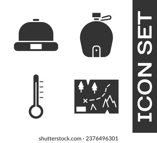 Set Folded map with location, Beanie hat, Meteorology thermometer and Canteen water bottle icon. Vector