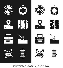 Set Folded map, Location fishing, No, Lifebuoy, Case container for wobbler, Fishing float water, Spinning reel and Crab icon. Vector