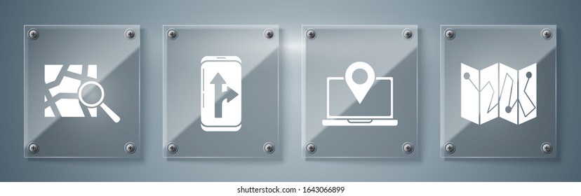 Set Folded map with location marker, Laptop with location marker, Infographic of city map navigation and Folded map with location marker. Square glass panels. Vector