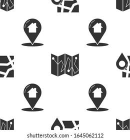 Establecer mapa doblado con marcador de ubicación, mapa doblado con marcador de ubicación y puntero de mapa con casa en un patrón sin problemas. Vector