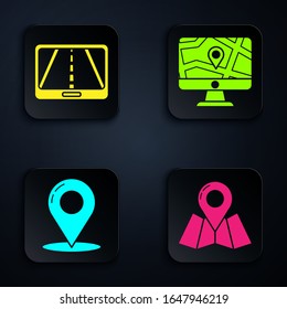 Set Folded map with location marker, Infographic of city map navigation, Map pin and Monitor and folded map with location. Black square button. Vector