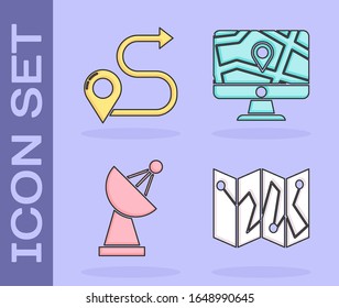 Set Folded map with location marker, Route location, Radar and Monitor and folded map with location icon. Vector