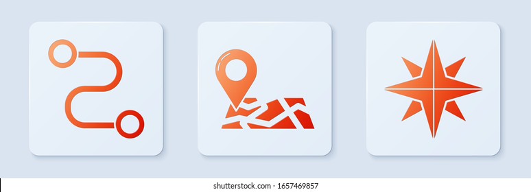 Set Folded map with location marker, Route location and Wind rose. White square button. Vector