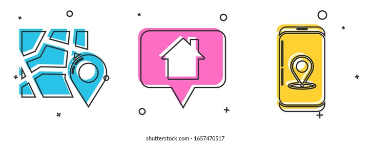Set Folded map with location marker, Map pointer with house and Infographic of city map navigation icon. Vector