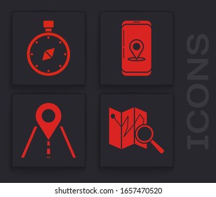 Set Folded map with location marker, Compass, Infographic of city map navigation and Road traffic sign icon. Vector