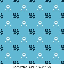 Set Folded map with location marker and Road traffic sign on seamless pattern. Vector