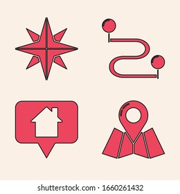 Set Folded map with location marker, Wind rose, Route location and Map pointer with house icon. Vector